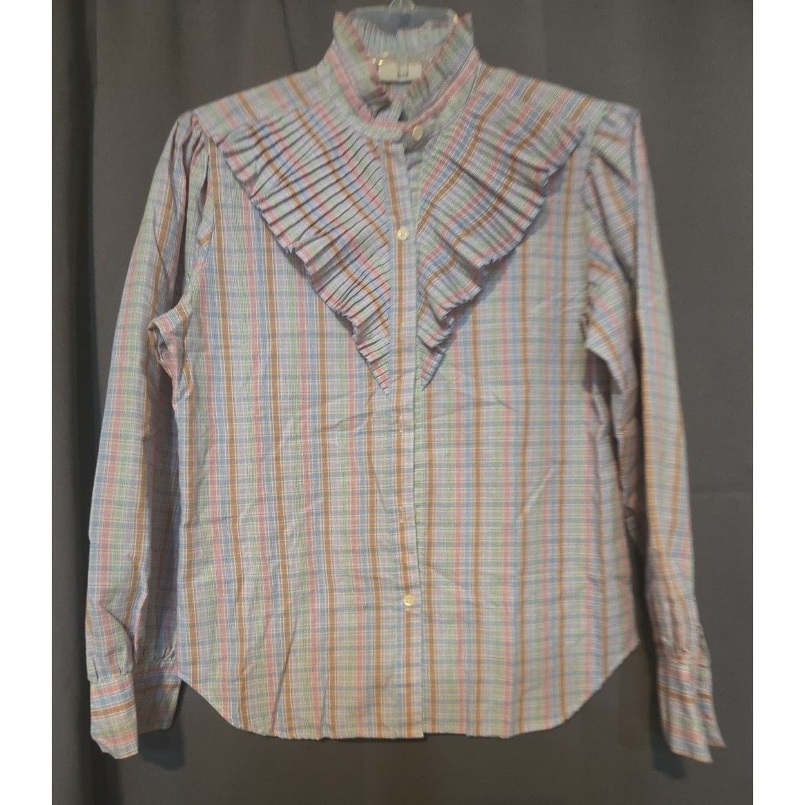Levi Strauss Plaid Pastel Ruffle High Neck Blouse, Vintage Woman's Size 8 - Thumbnail 3