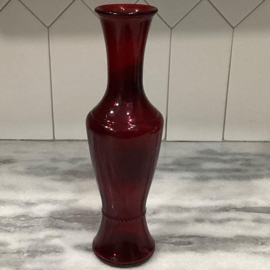 Wheaton Glass Ruby Red Flower Vase, 11" Tall Bottle Form With Rope Accent - Thumbnail 11