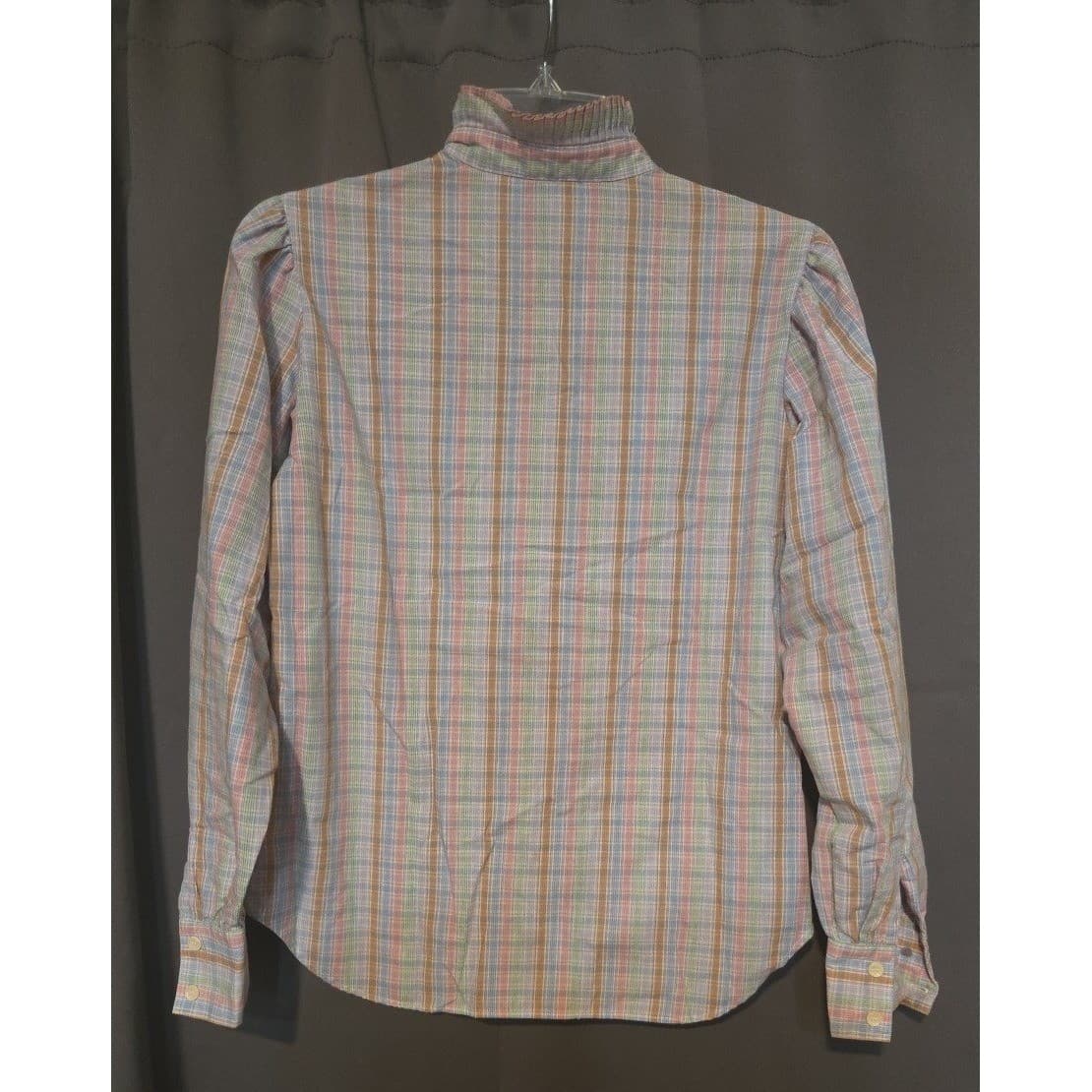 Levi Strauss Plaid Pastel Ruffle High Neck Blouse, Vintage Woman's Size 8 - Thumbnail 4