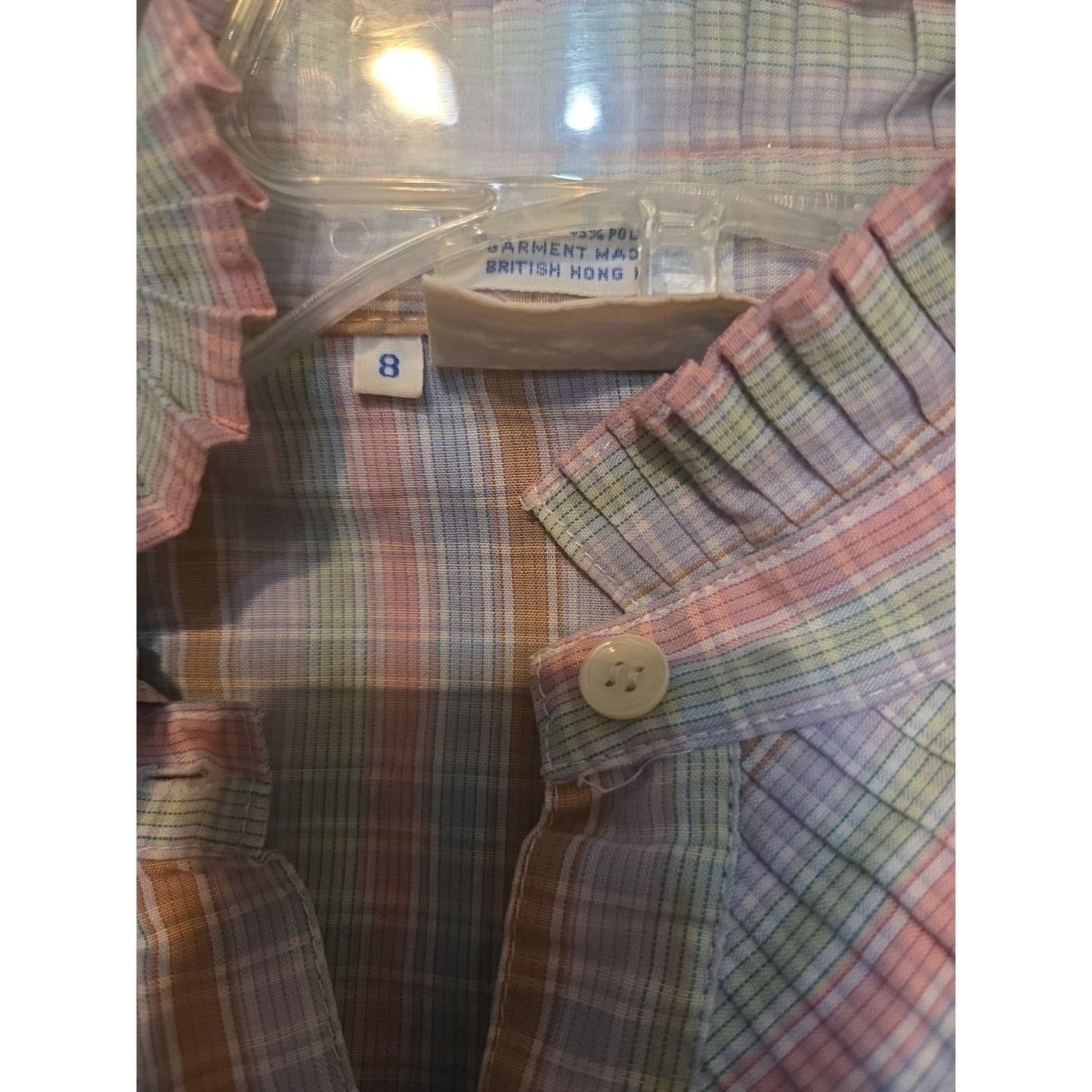 Levi Strauss Plaid Pastel Ruffle High Neck Blouse, Vintage Woman's Size 8 - Thumbnail 6