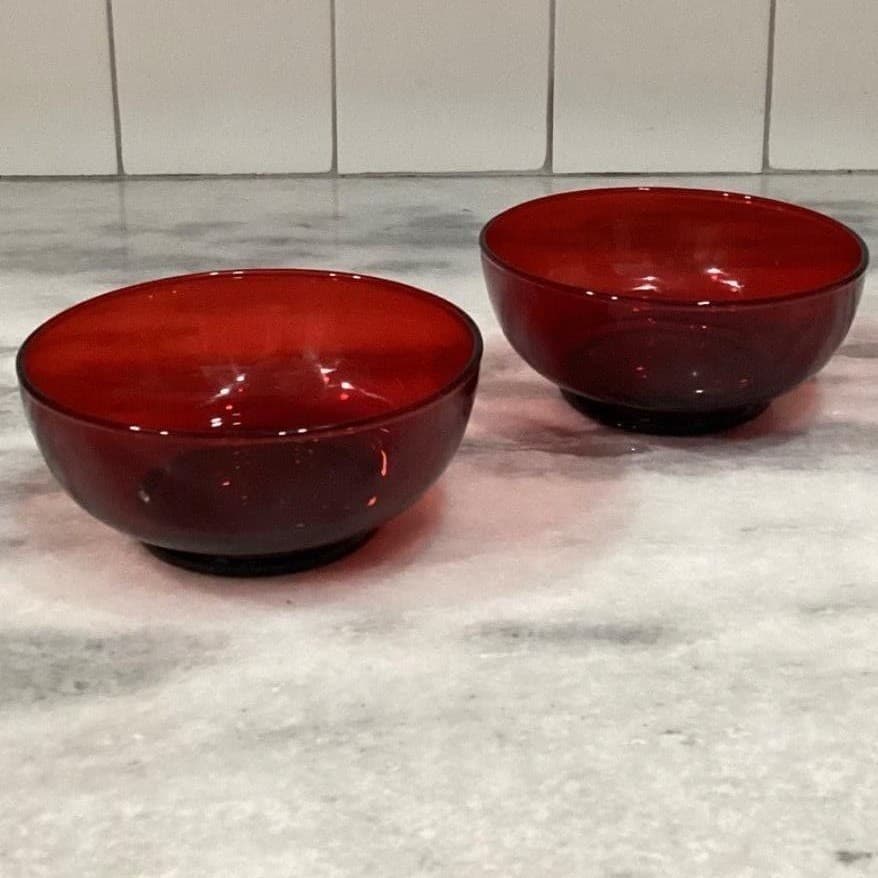 Anchor Hocking Royal Ruby Footed Fruit Bowls, Set of 2, Vintage Red Glass - Thumbnail 7