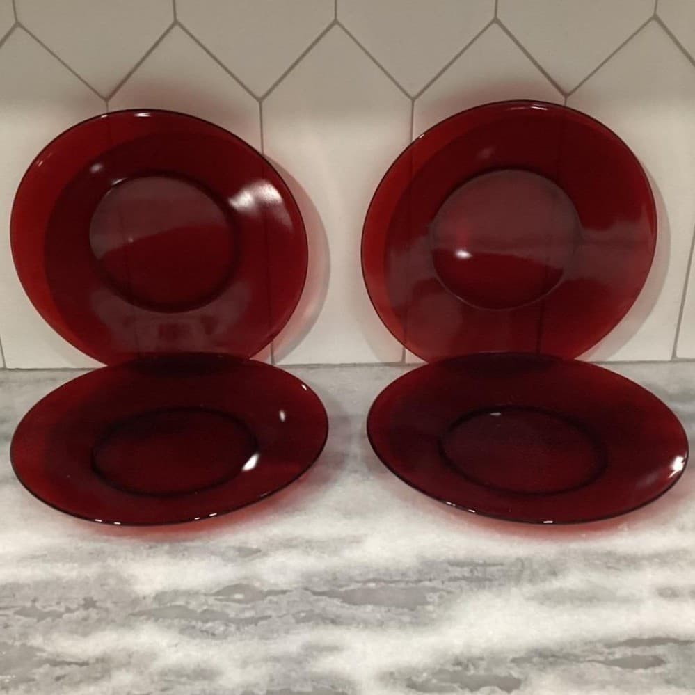 Anchor Hocking Ruby Red Glass Luncheon Plates, Set of 4, Vintage Glassware - Thumbnail 5