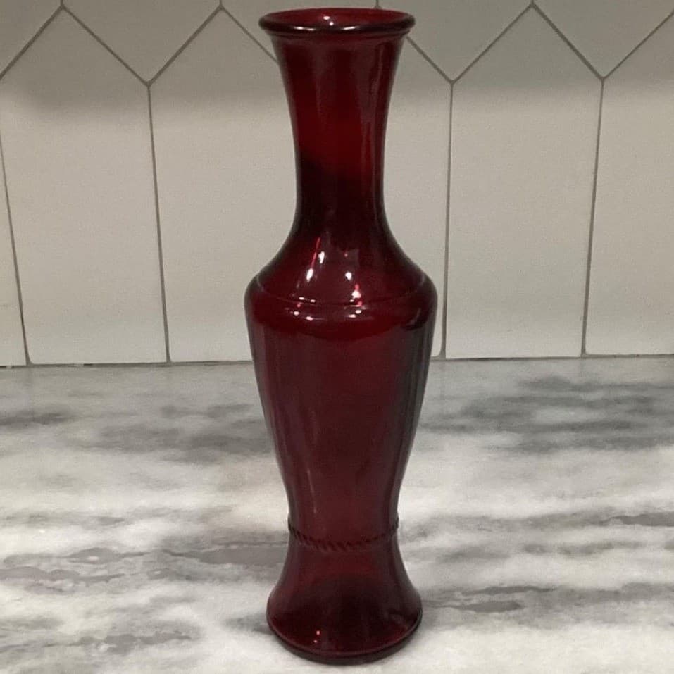 Wheaton Glass Ruby Red Flower Vase, 11" Tall Bottle Form With Rope Accent - Thumbnail 9