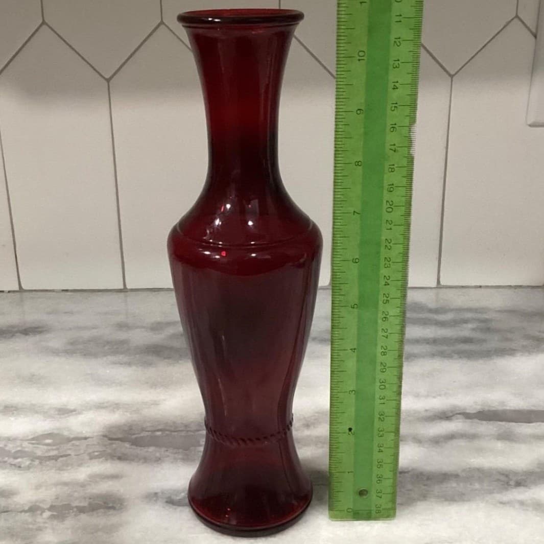 Wheaton Glass Ruby Red Flower Vase, 11" Tall Bottle Form With Rope Accent - Thumbnail 2