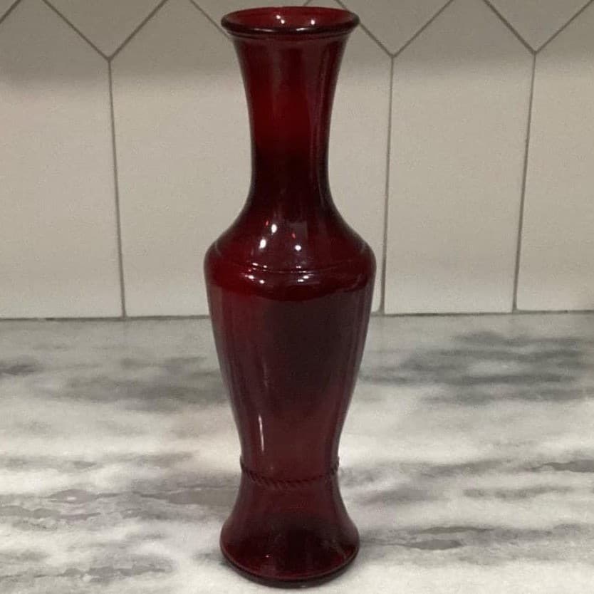 Wheaton Glass Ruby Red Flower Vase, 11" Tall Bottle Form With Rope Accent - Thumbnail 7