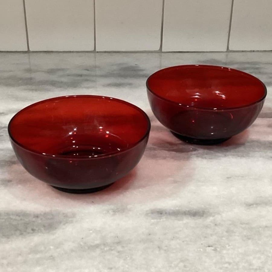 Anchor Hocking Royal Ruby Footed Fruit Bowls, Set of 2, Vintage Red Glass - Thumbnail 6