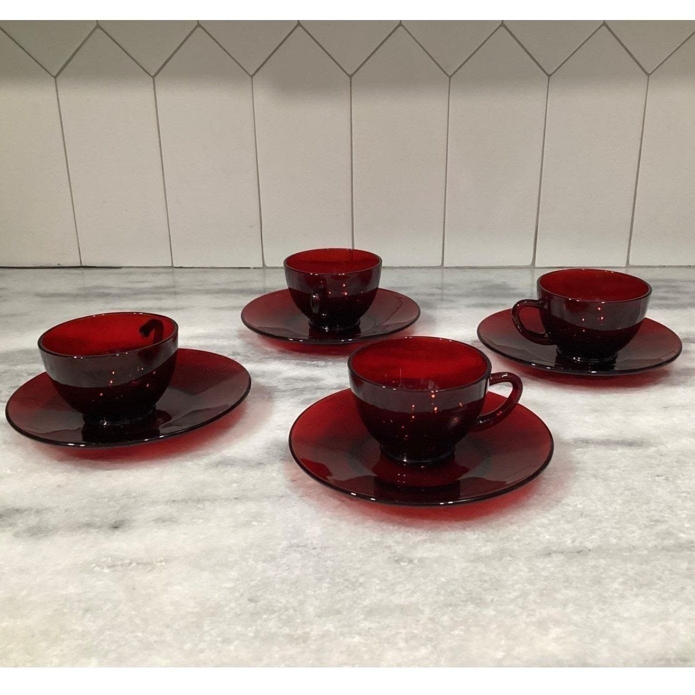 Anchor Hocking Royal Ruby Red Teacups & Saucers, Set of 4, Vintage Glassware - Thumbnail 9