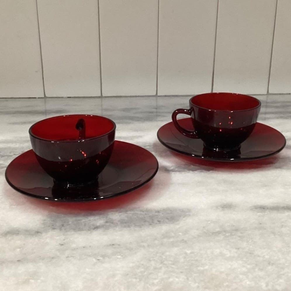 Anchor Hocking Royal Ruby Red Teacups & Saucers, Set of 2, Vintage Glassware - Thumbnail 10