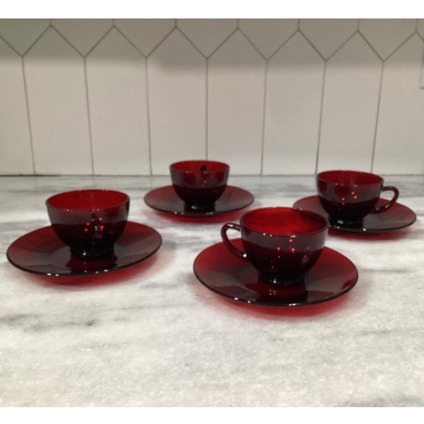 Anchor Hocking Royal Ruby Red Teacups & Saucers, Set of 4, Vintage Glassware - Thumbnail 11