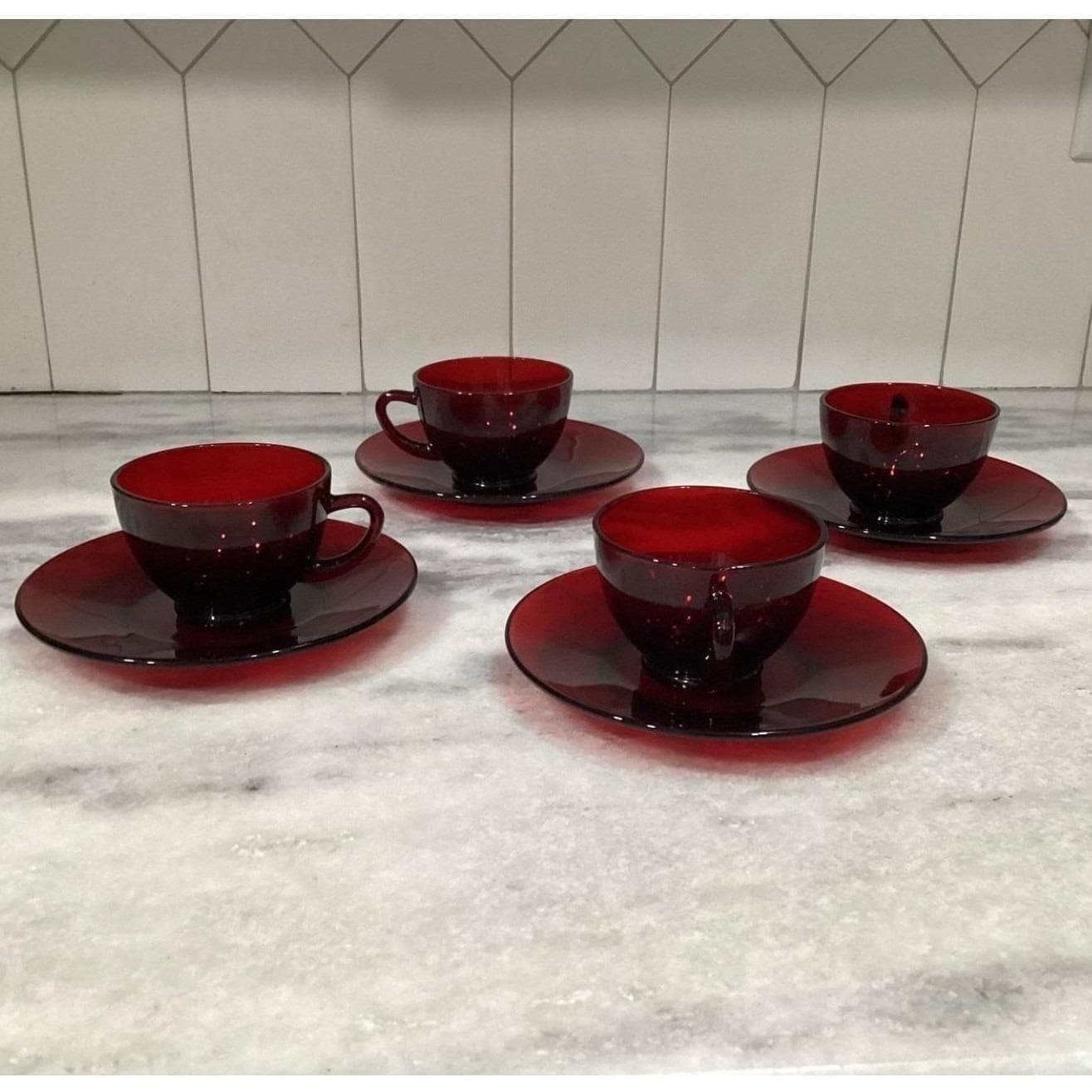 Anchor Hocking Royal Ruby Red Teacups & Saucers, Set of 4, Vintage Glassware - Thumbnail 12