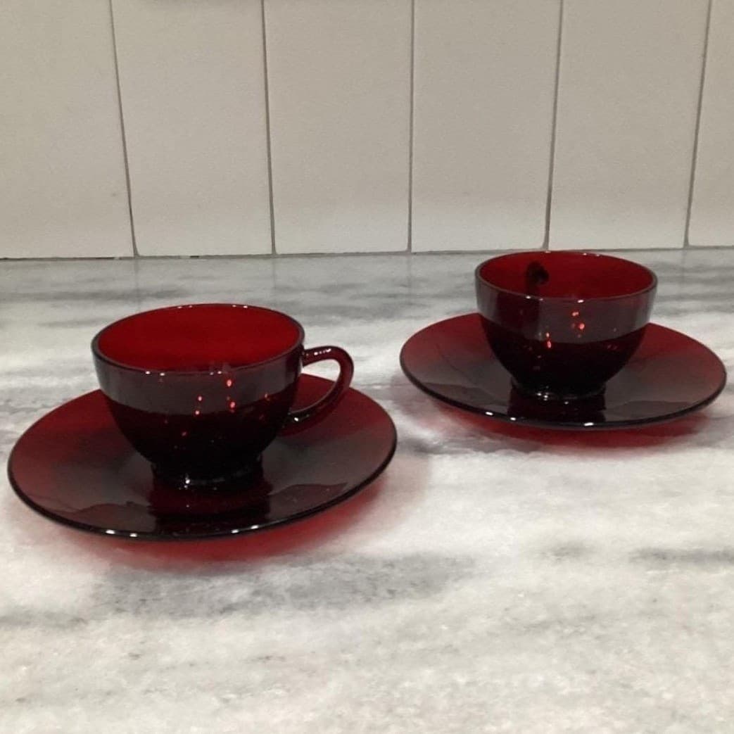 Anchor Hocking Royal Ruby Red Teacups & Saucers, Set of 2, Vintage Glassware - Thumbnail 9