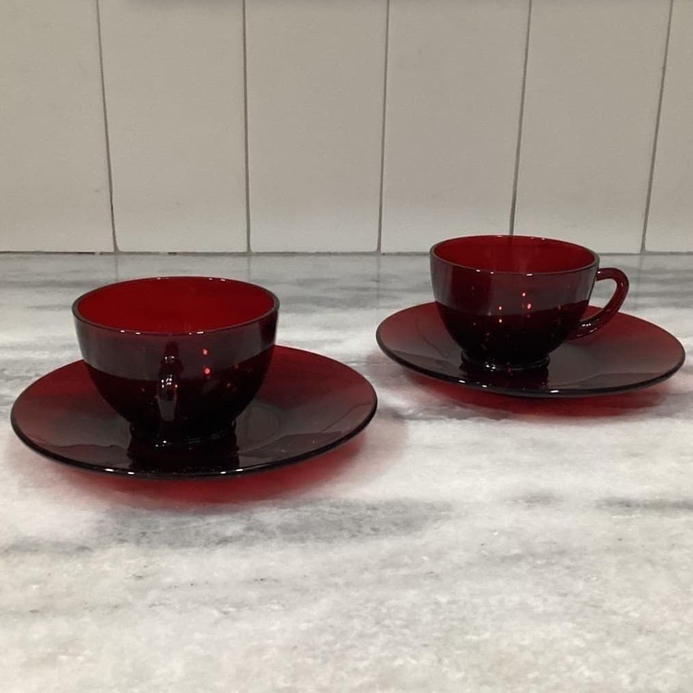 Anchor Hocking Royal Ruby Red Teacups & Saucers, Set of 2, Vintage Glassware - Thumbnail 12