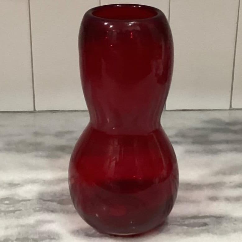 Hand-Blown Ruby Red Glass Vase, Vintage Gourd Shape Flower Holder, Centerpiece - Thumbnail 7