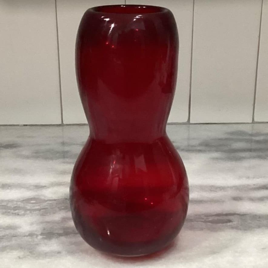 Hand-Blown Ruby Red Glass Vase, Vintage Gourd Shape Flower Holder, Centerpiece - Thumbnail 8