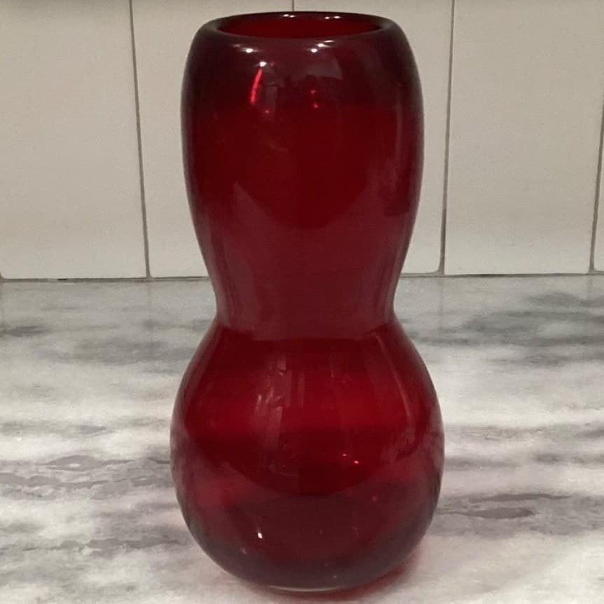 Hand-Blown Ruby Red Glass Vase, Vintage Gourd Shape Flower Holder, Centerpiece - Thumbnail 9