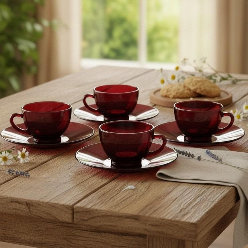 Anchor Hocking Royal Ruby Red Teacups & Saucers, Set of 4, Vintage Glassware