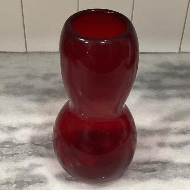 Hand-Blown Ruby Red Glass Vase, Vintage Gourd Shape Flower Holder, Centerpiece - Thumbnail 6