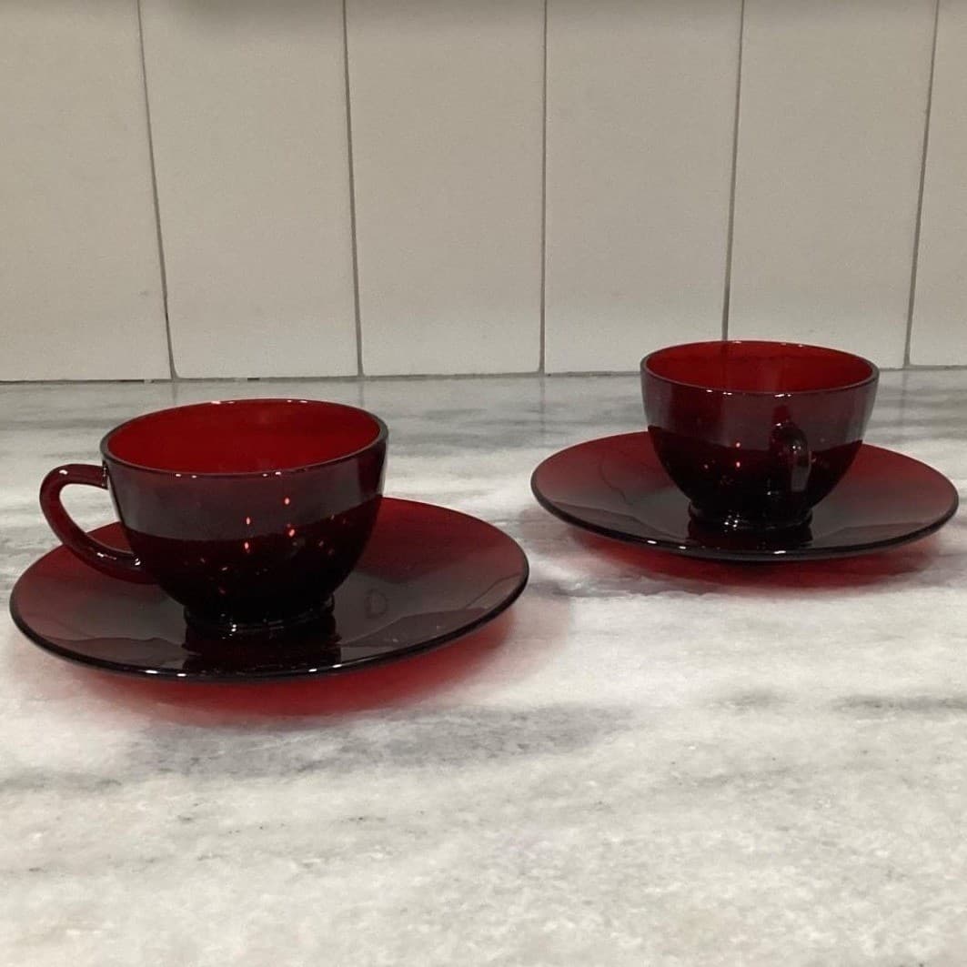 Anchor Hocking Royal Ruby Red Teacups & Saucers, Set of 2, Vintage Glassware - Thumbnail 11