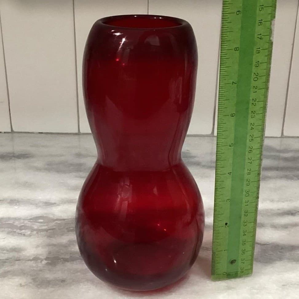 Hand-Blown Ruby Red Glass Vase, Vintage Gourd Shape Flower Holder, Centerpiece - Thumbnail 2