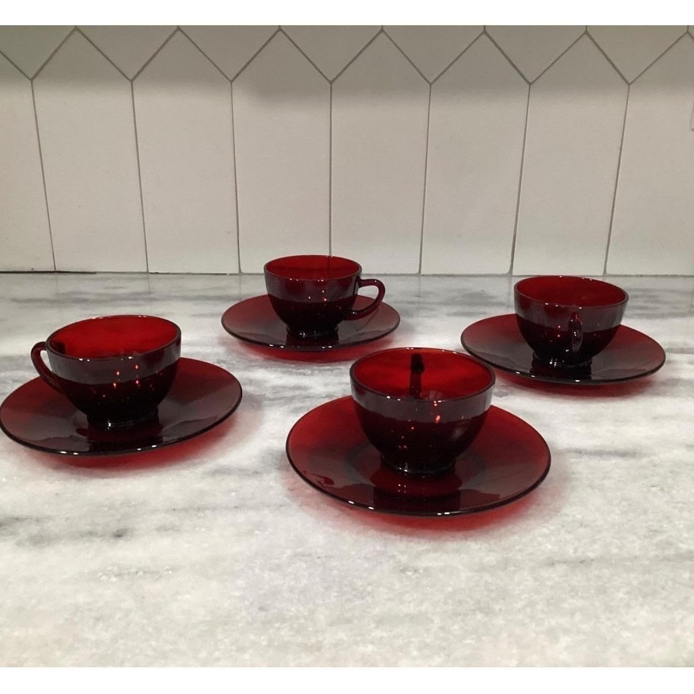 Anchor Hocking Royal Ruby Red Teacups & Saucers, Set of 4, Vintage Glassware - Thumbnail 10