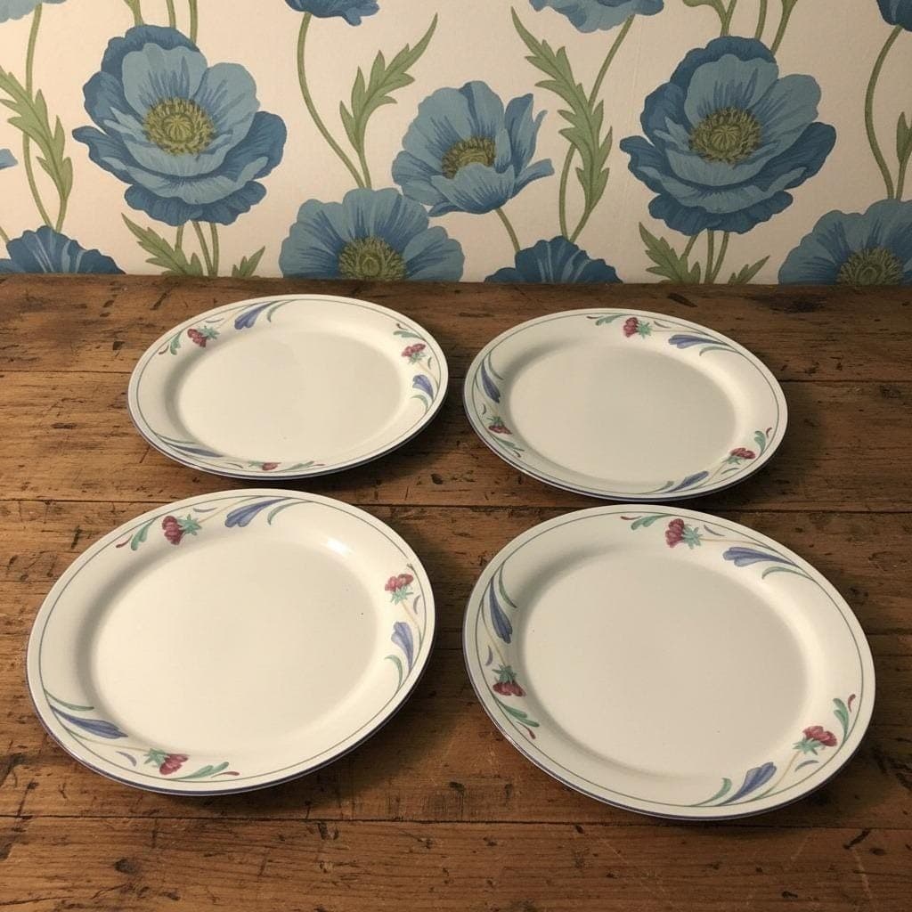 Lenox Chinastone Poppies On Blue Dinner Plates, Set of 4, Vtg Floral Tableware