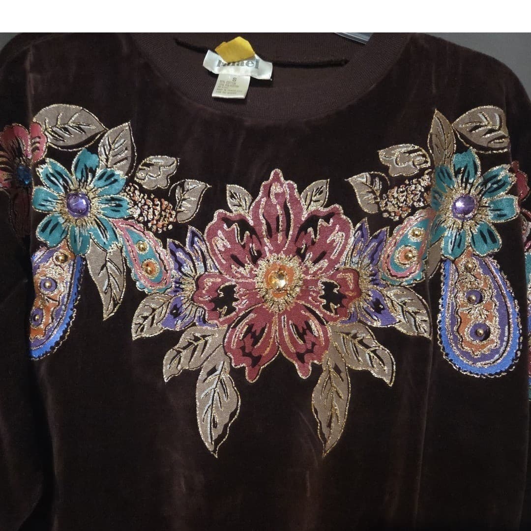 Rafael Vintage Brown Velour Embroidered Floral Beaded Sweatshirt, Women's Small - Thumbnail 7