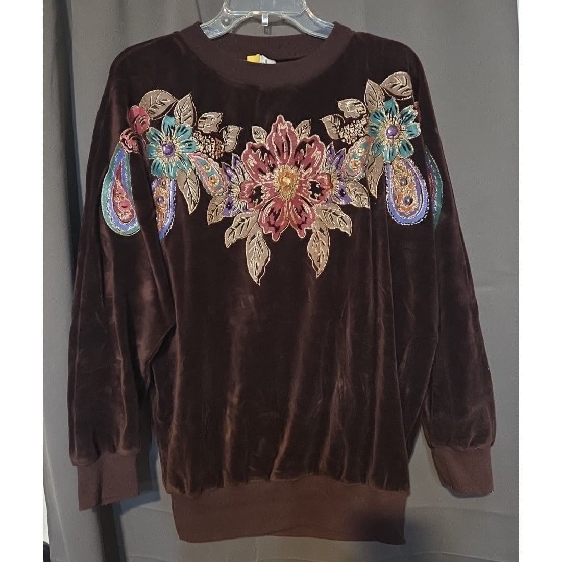 Rafael Vintage Brown Velour Embroidered Floral Beaded Sweatshirt, Women's Small - Thumbnail 3