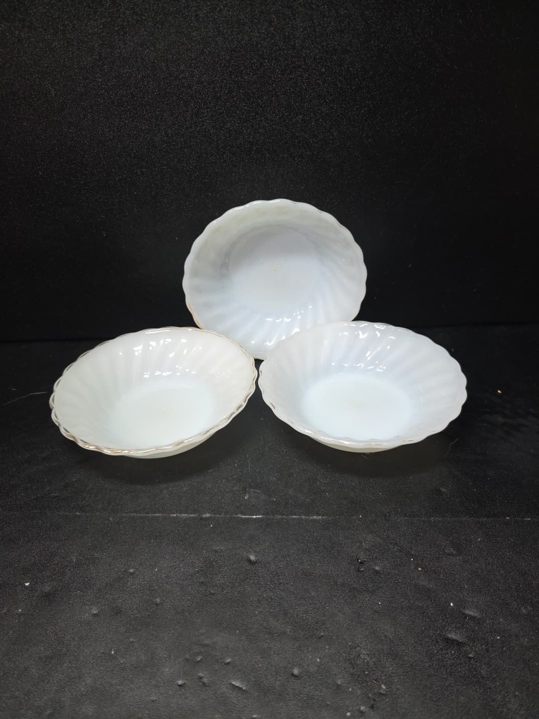 Anchor Hocking Milk Glass Berry Bowls, White Golden Shell Design, Set of 3 Bowls