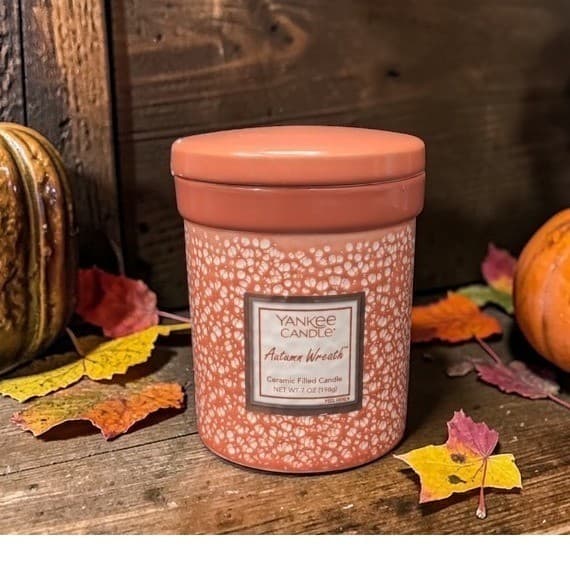 Yankee Candle Autumn Wreath Orange Ceramic Filled Candle 7oz with Lid 4 inch