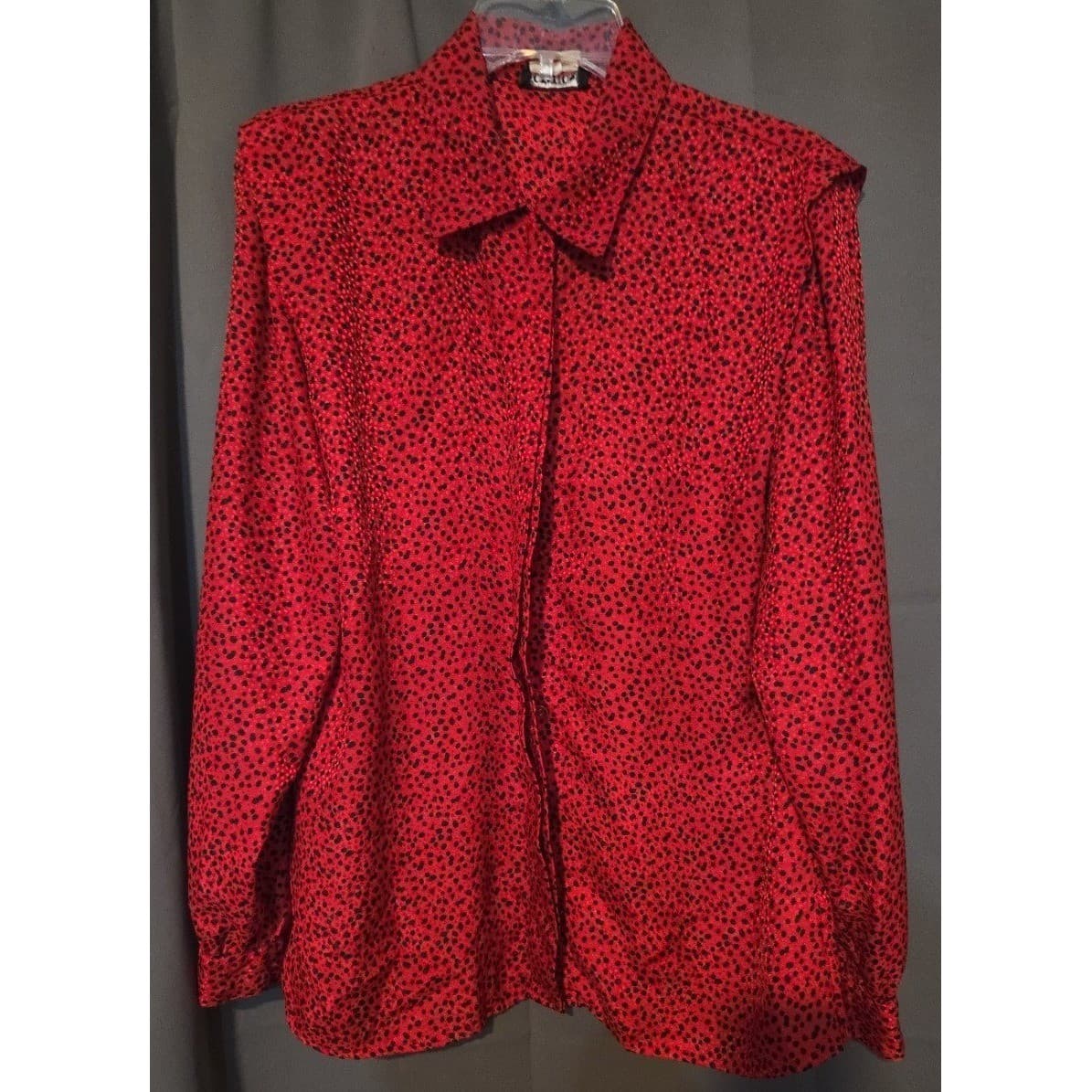 Notation Red Black Polka Dot Button Down Blouse, Woman's Size 10, Long Sleeve - Thumbnail 3