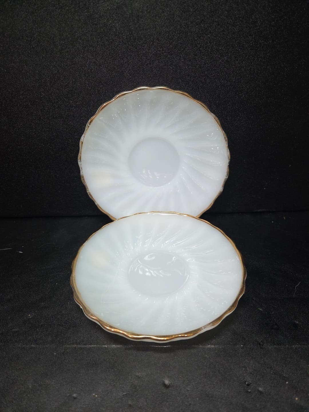 Anchor Hocking Swirl Milk Glass Saucer, White with Gold Shell Trim, Set of 2