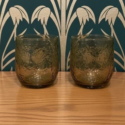 Anchor Hocking Sherwood Spicy Brown Lowball Glasses, Set of 2, Vtg Leaf Design