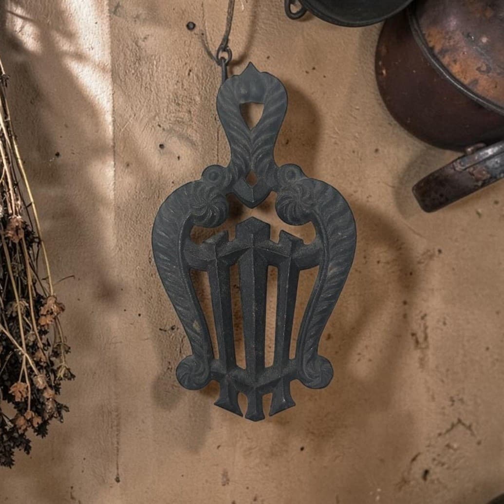 H. Burns Lyre 7-25 Black Cast Iron Trivet, Vintage Kitchen Decor, Tableware