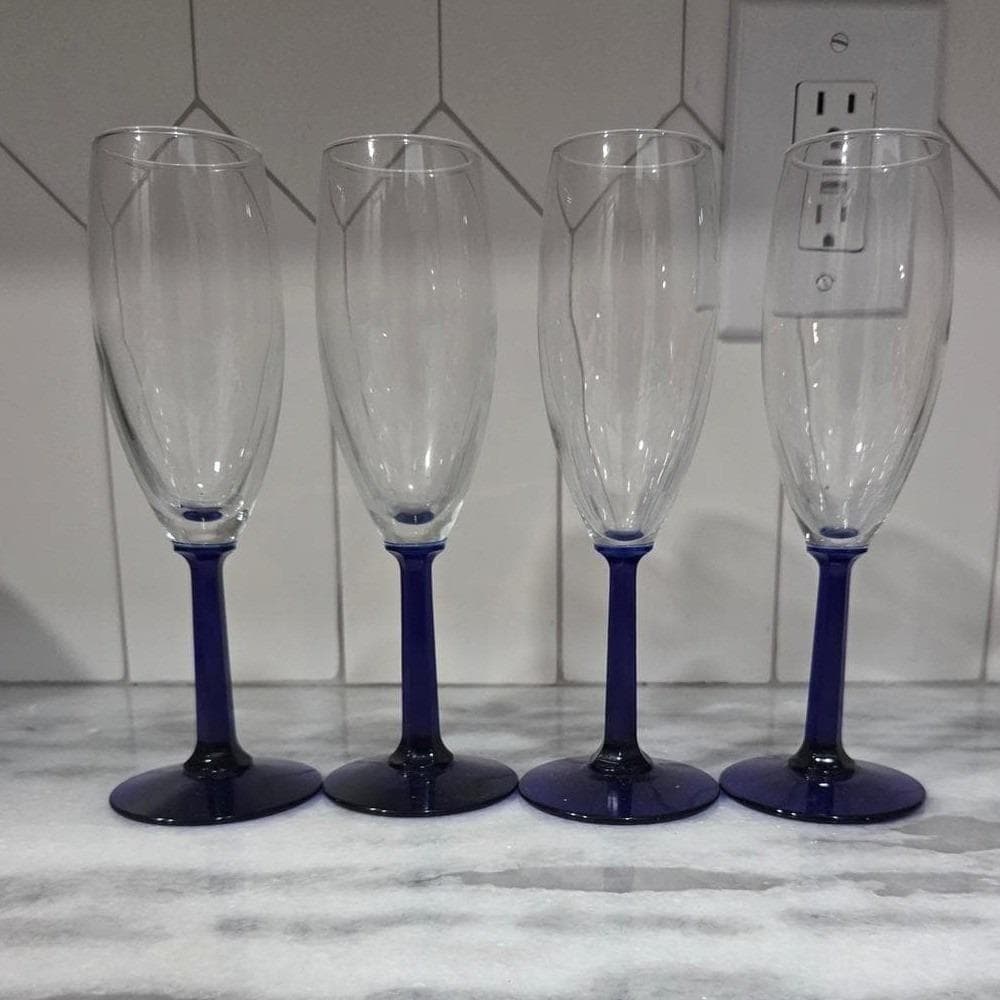Cobalt Blue Stem Champagne Flutes, Set of 4, Hexagonal Toasting Goblet, Stemware - Thumbnail 9