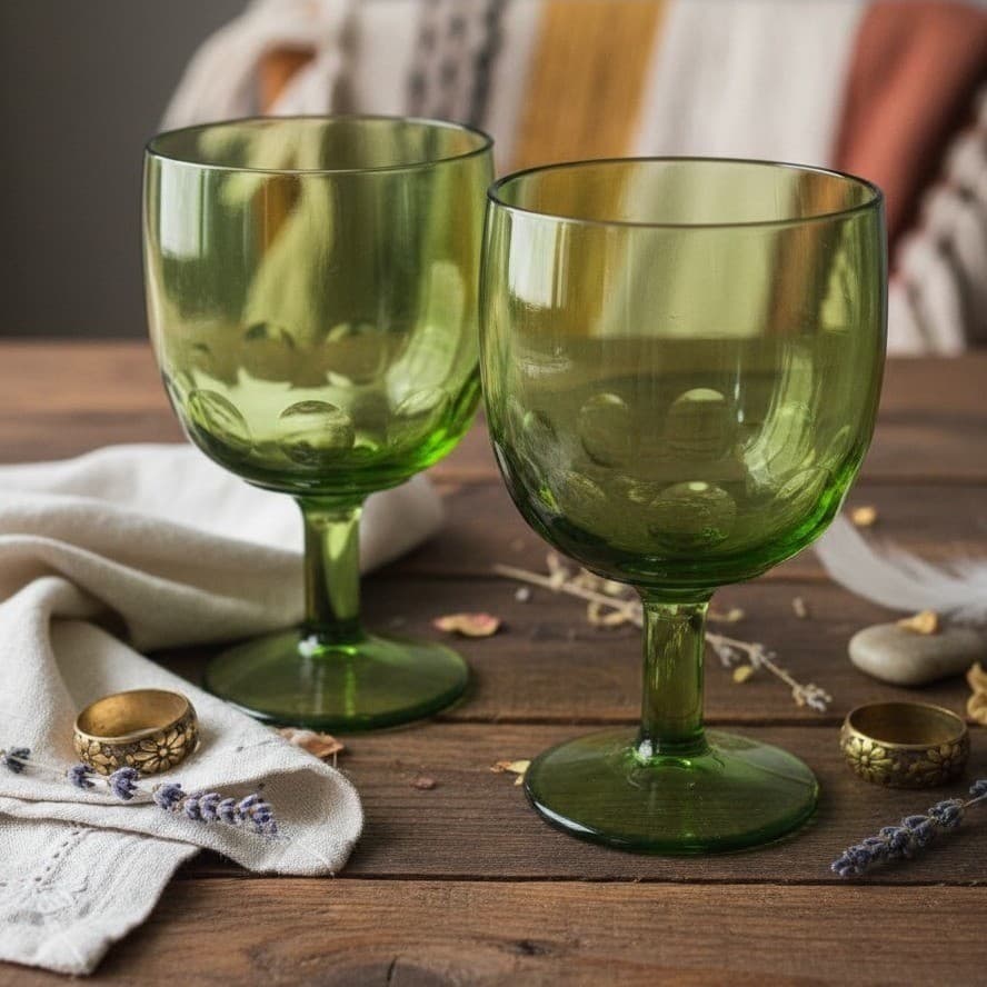Bartlett Collins Thumbprint Light & Dark Green Goblets, Set of 2, Vintage Barwar