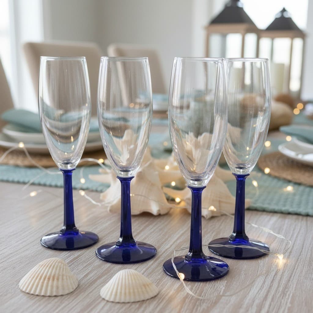 Cobalt Blue Stem Champagne Flutes, Set of 4, Hexagonal Toasting Goblet, Stemware