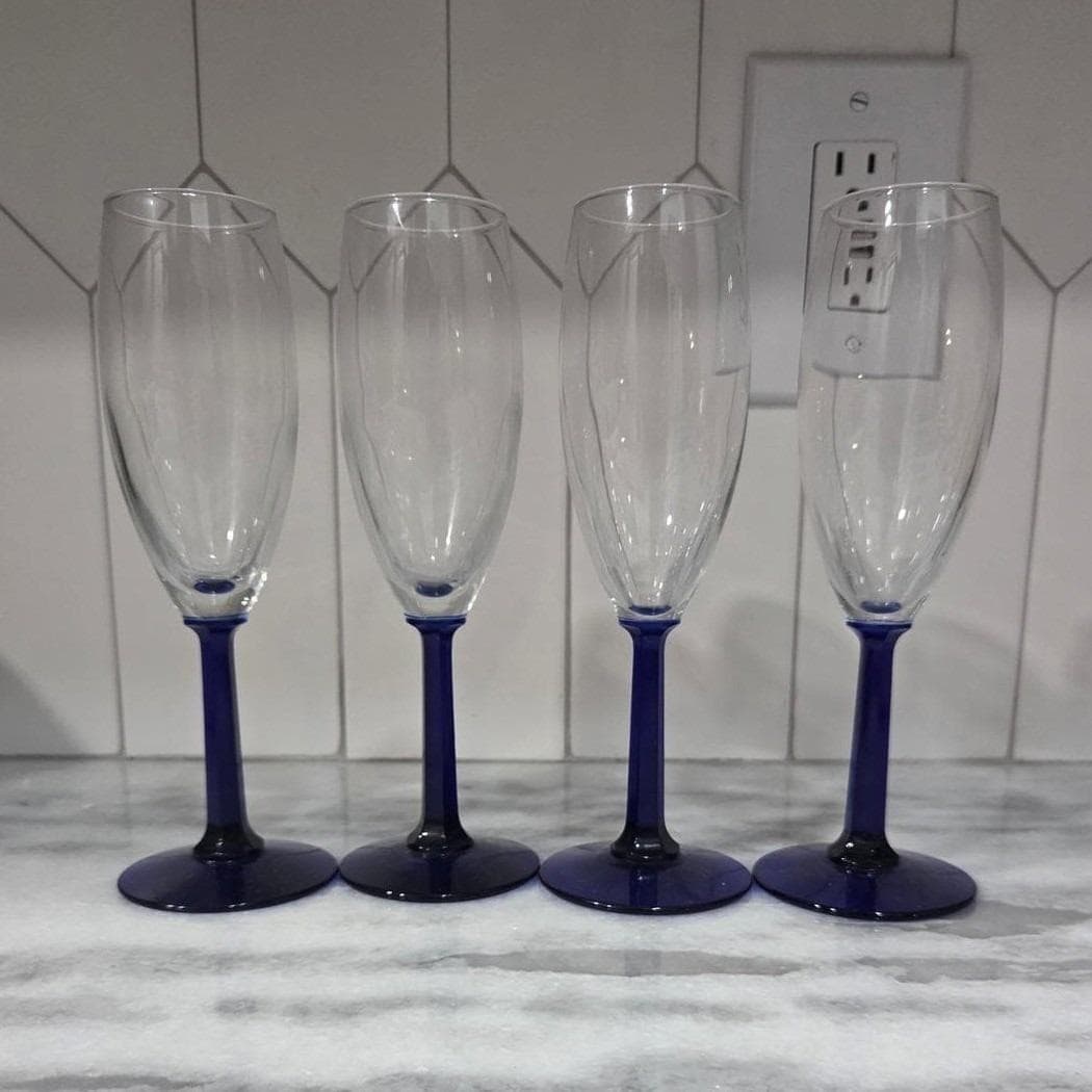 Cobalt Blue Stem Champagne Flutes, Set of 4, Hexagonal Toasting Goblet, Stemware - Thumbnail 8