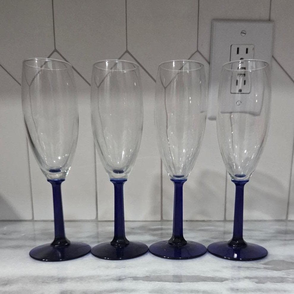 Cobalt Blue Stem Champagne Flutes, Set of 4, Hexagonal Toasting Goblet, Stemware - Thumbnail 10