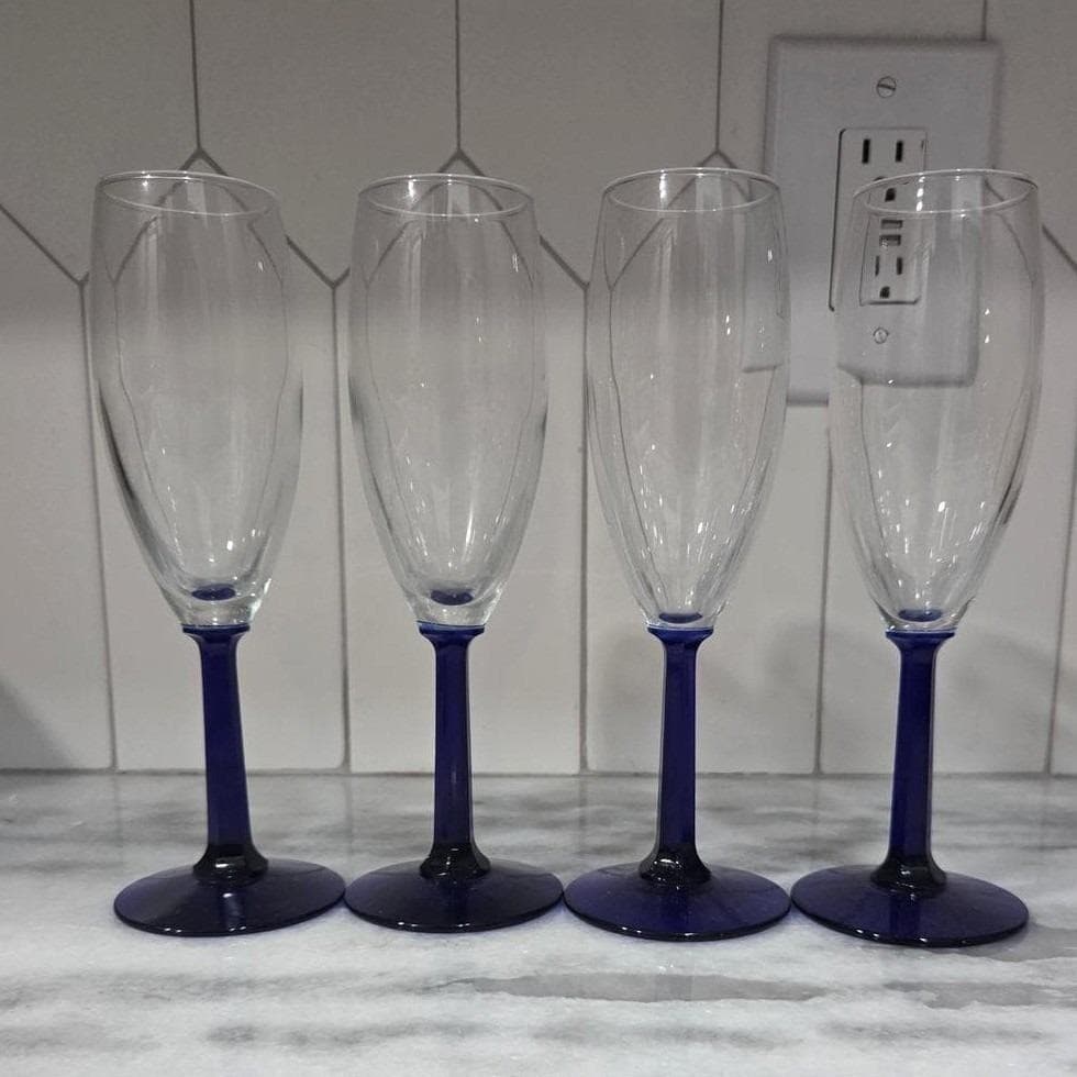 Cobalt Blue Stem Champagne Flutes, Set of 4, Hexagonal Toasting Goblet, Stemware - Thumbnail 7