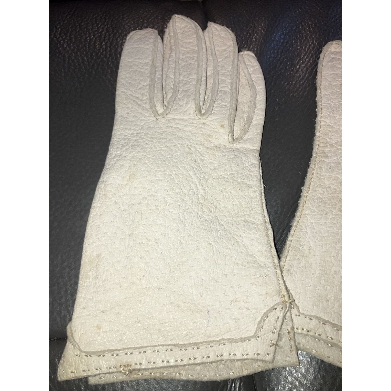 Ben Berger Vintage Off White Pebbled Leather Mid Length Gloves, Cream Textured - Thumbnail 7