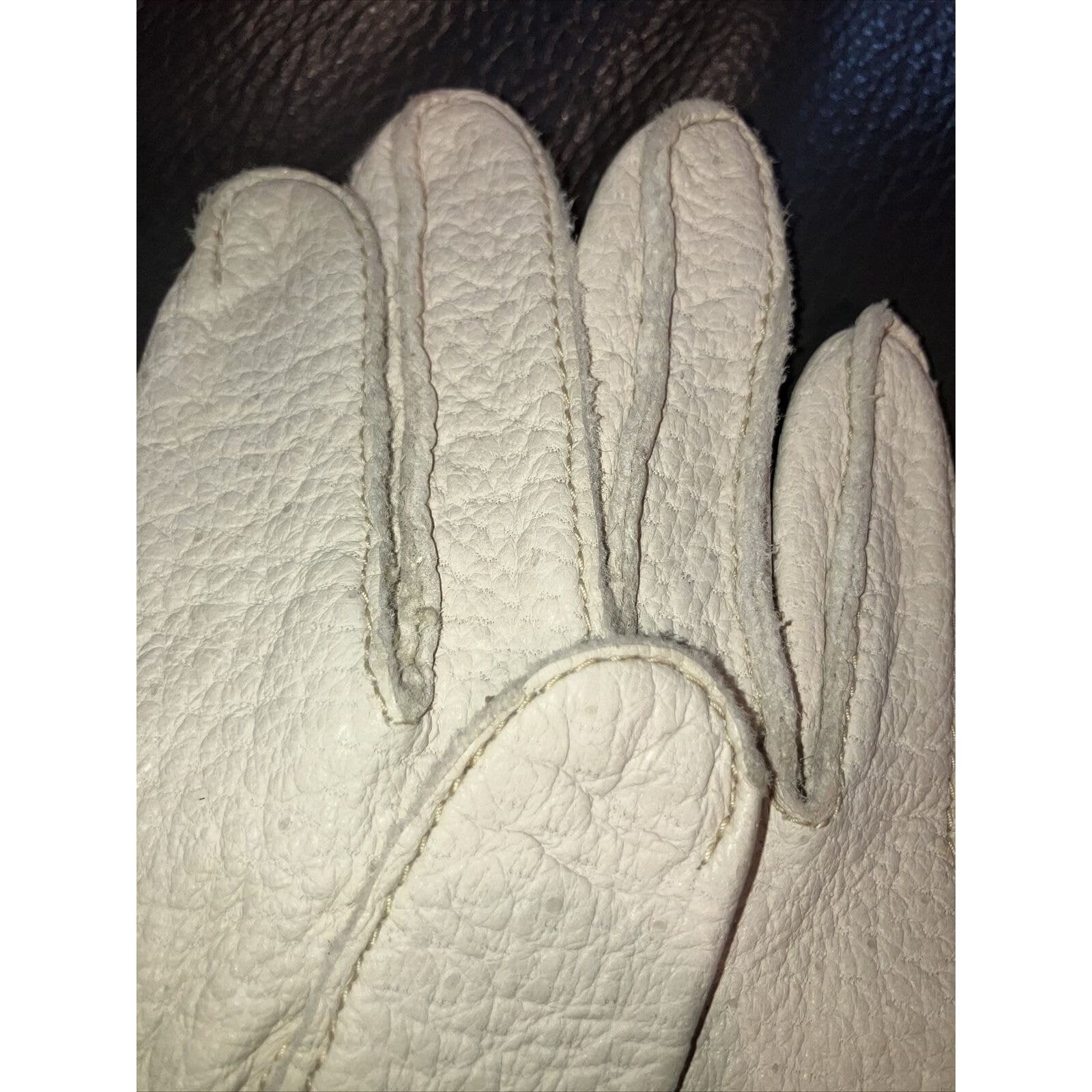 Ben Berger Vintage Off White Pebbled Leather Mid Length Gloves, Cream Textured - Thumbnail 5