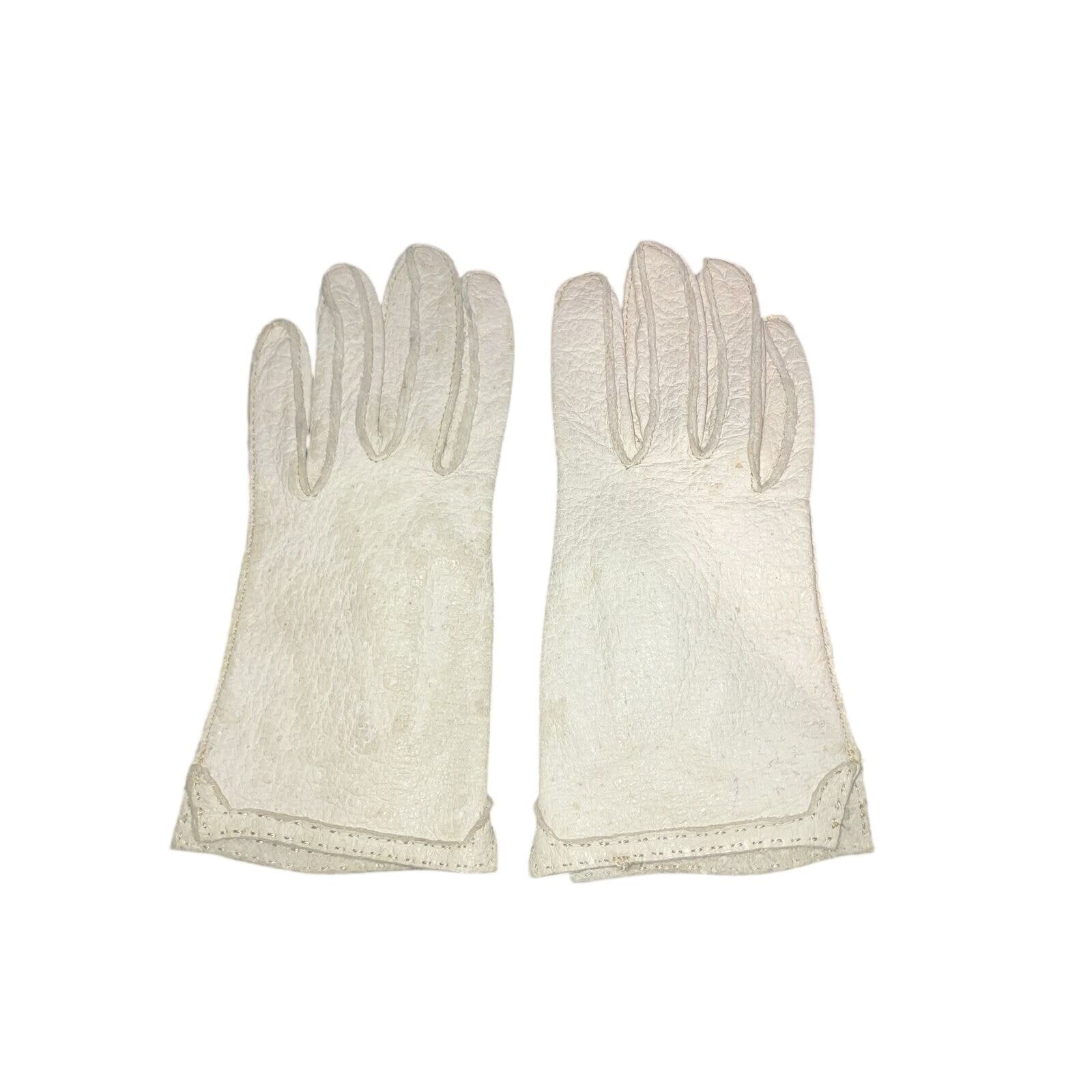 Ben Berger Vintage Off White Pebbled Leather Mid Length Gloves, Cream Textured