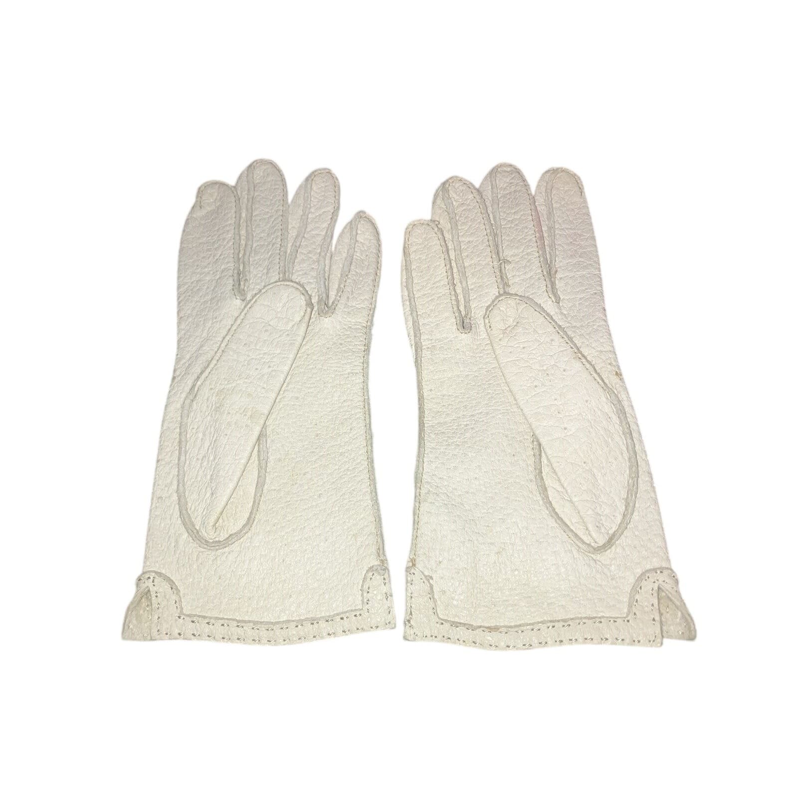 Ben Berger Vintage Off White Pebbled Leather Mid Length Gloves, Cream Textured - Thumbnail 2