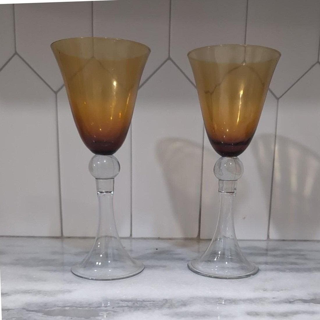 Amber Ombre Wine Goblets, Set of 2, Vintage Stemware, Ball-Knob Stem, Drinkware - Thumbnail 4
