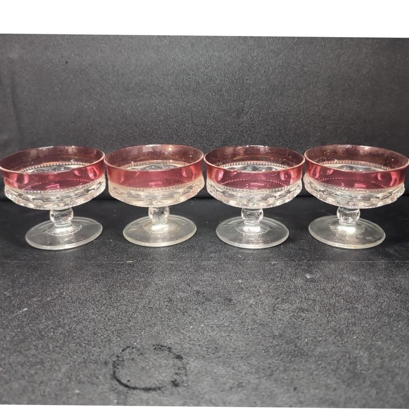 Tiffin Franciscan Kings Crown Dessert Cups, Set of 4, Vtg Pedestal Thumbprint - Thumbnail 5