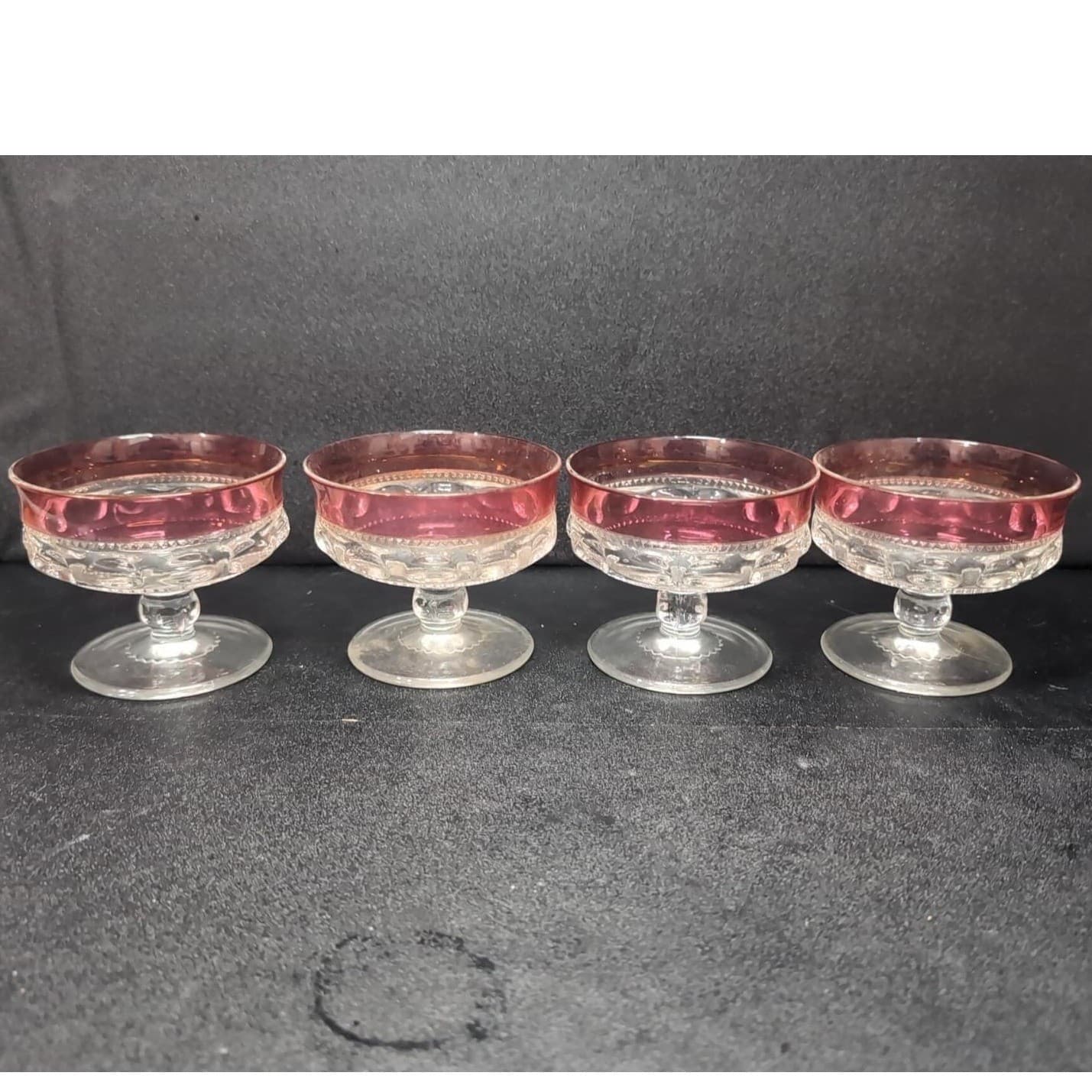 Tiffin Franciscan Kings Crown Dessert Cups, Set of 4, Vtg Pedestal Thumbprint - Thumbnail 4