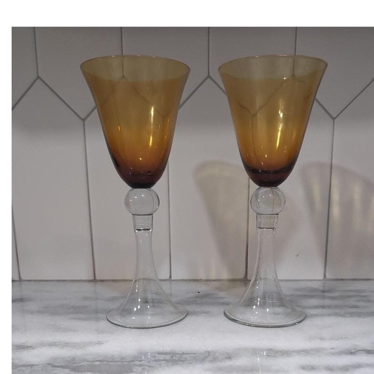 Amber Ombre Wine Goblets, Set of 2, Vintage Stemware, Ball-Knob Stem, Drinkware - Thumbnail 5