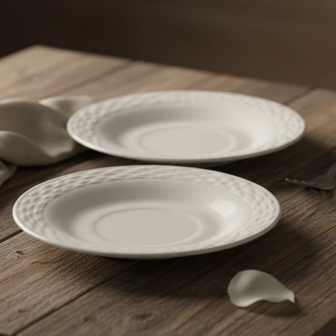 Anchor Hocking Fish Scale Ivory White Basketweave Saucers, Set Of 2, Uranium