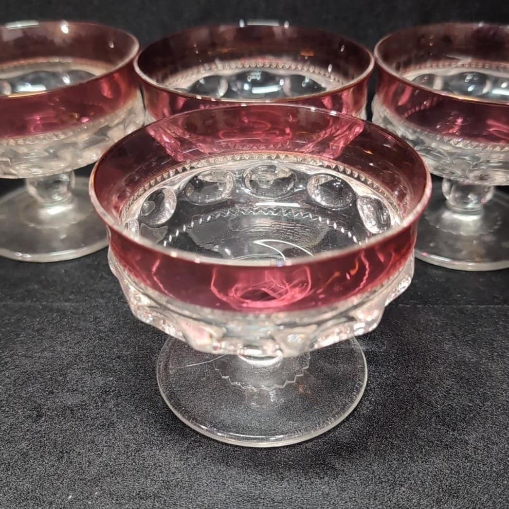 Tiffin Franciscan Kings Crown Dessert Cups, Set of 4, Vtg Pedestal Thumbprint - Thumbnail 6