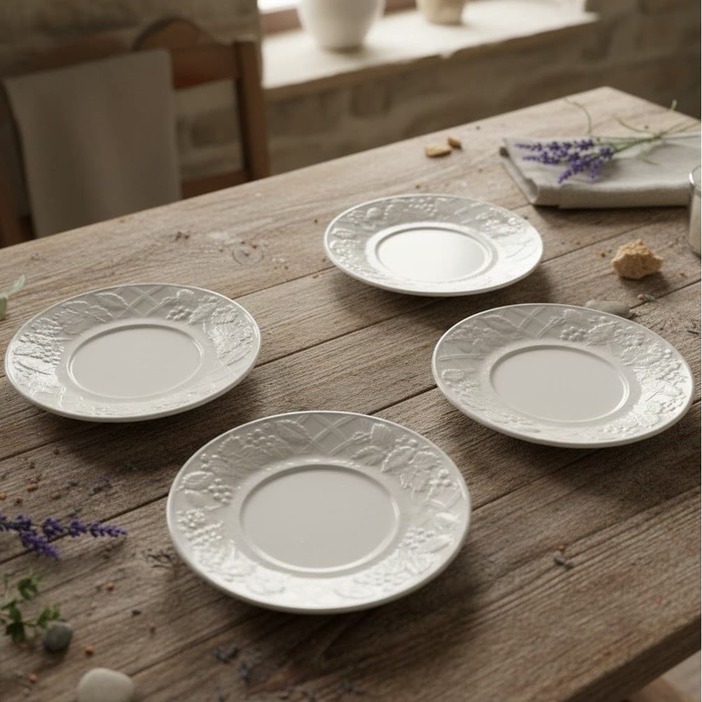 Mikasa English Countryside Saucers #DP900, Set of 4, Vintage Embossed Stoneware
